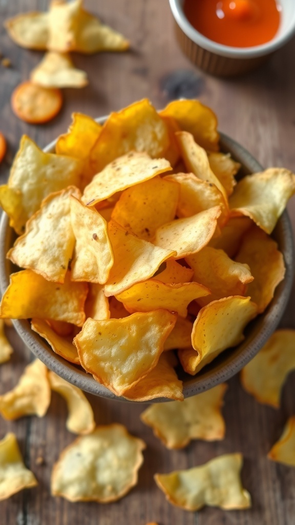 A bowl of crispy homemade potato chips on a wooden table with a dipping sauce.